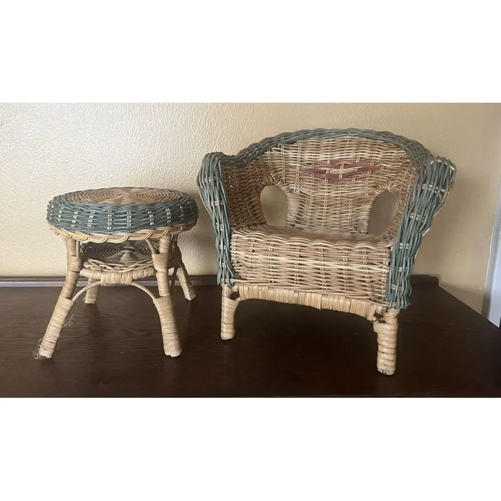 Vtg Beige Rattan Wicker Doll Rocker Cottage Style American Girl Size Boho Decor